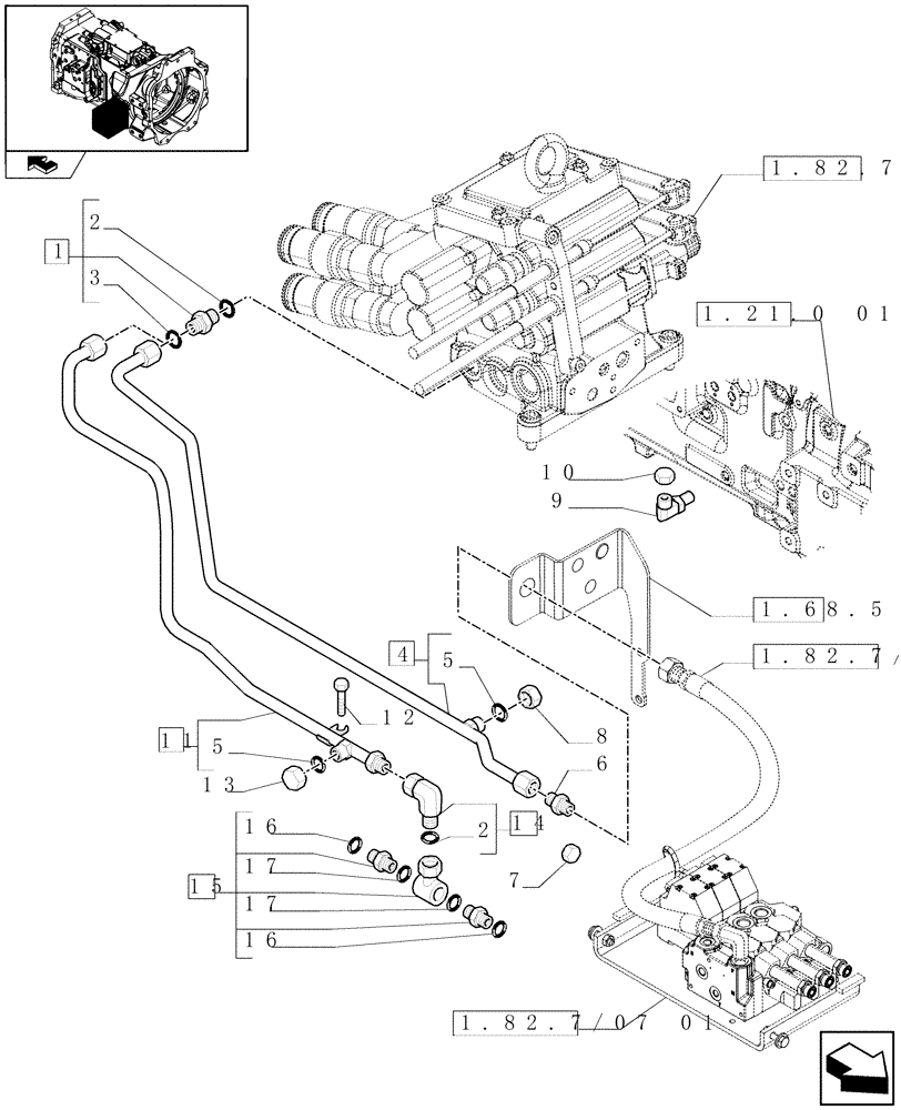 Схема запчастей Case IH PUMA 125 - (1.82.7/07[03]) - 3 ELECTRONIC MID MOUNTED VALVES - PIPES (VAR.330561-333561) (07) - HYDRAULIC SYSTEM