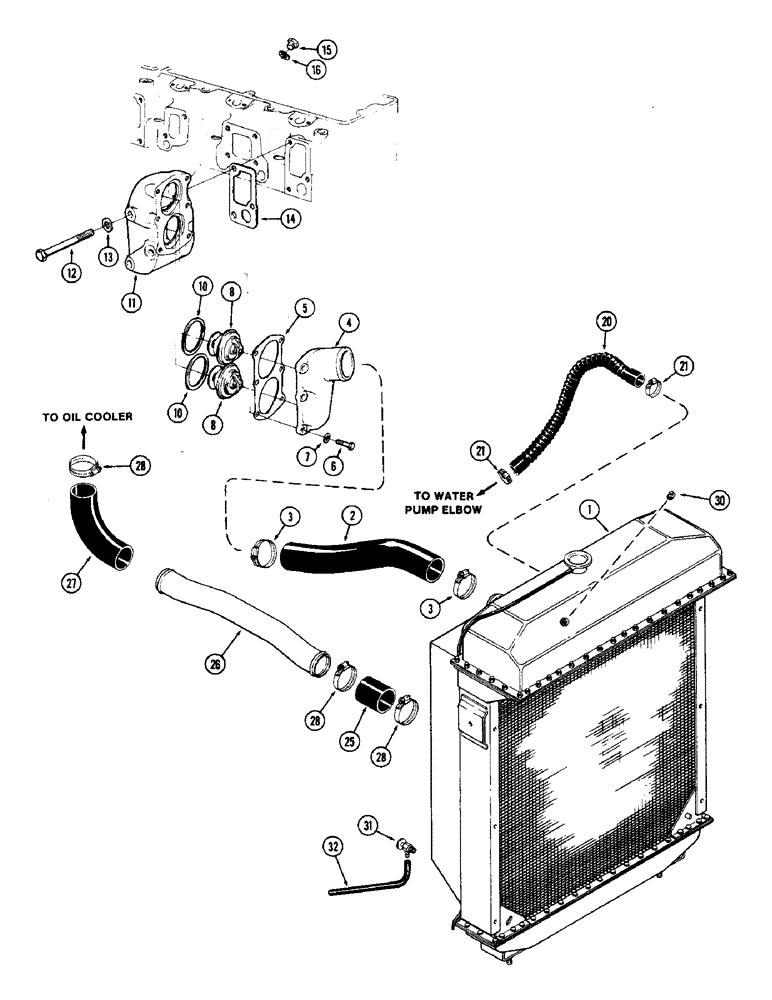 Схема запчастей Case IH 2870 - (006) - RADIATOR HOSE AND THERMOSTATS, 674 CUBIC INCH DIESEL ENGINE (02) - ENGINE