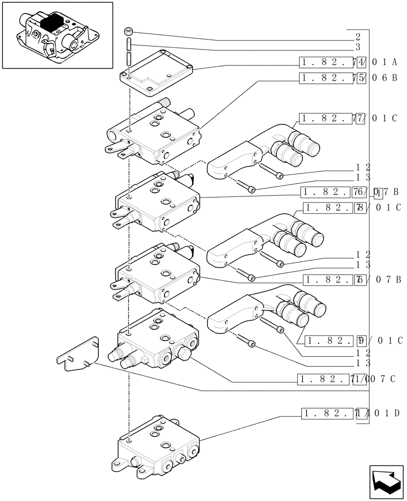 Схема запчастей Case IH MAXXUM 115 - (1.82.7/09A) - 3 REMOTES (1NC+2CONFIG) FOR FIXED DISPLACEMENT PUMP FOR MDC AND RELEVANT PARTS (VAR.331844) (07) - HYDRAULIC SYSTEM