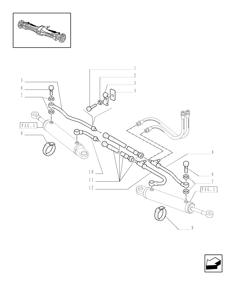 Схема запчастей Case IH MXU110 - (1.40.0/12[02]) - 4WD FRONT AXLE - HYDRAULIC STEERING CYLINDER - PIPES (04) - FRONT AXLE & STEERING