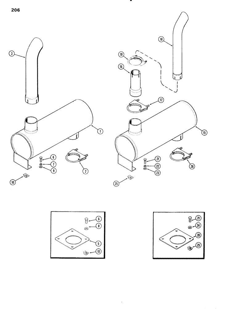 Схема запчастей Case IH 451BD - (206) - EXHAUST SYSTEM, ENCLOSED UNIT ONLY, MUFFLER, HORIZONTAL, WITH 90° ELBOW W/3-1/2 INCH INLET, H (02) - ENGINE