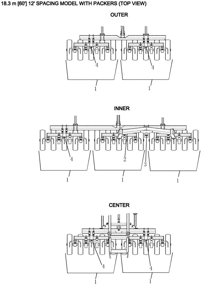 Схема запчастей Case IH ATX700 - (06.180.1) - LAYOUT, PACKERS 18.3 M 60 - 12" SPACING Packer Gang Assemblies and Frames