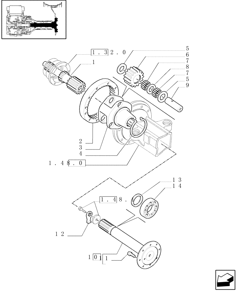 Схема запчастей Case IH JX90U - (1.48.1/05[01]) - (VAR.451) STIFFENED SIDE REDUCTION UNITS - REDUCTION GEAR HALF SHAFT (05) - REAR AXLE