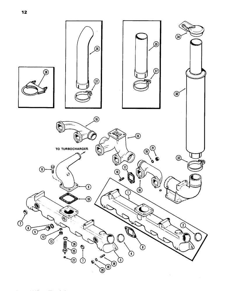 Схема запчастей Case IH 1170 - (012) - MANIFOLD AND MUFFLER, (451B) DIESEL ENGINE (02) - ENGINE