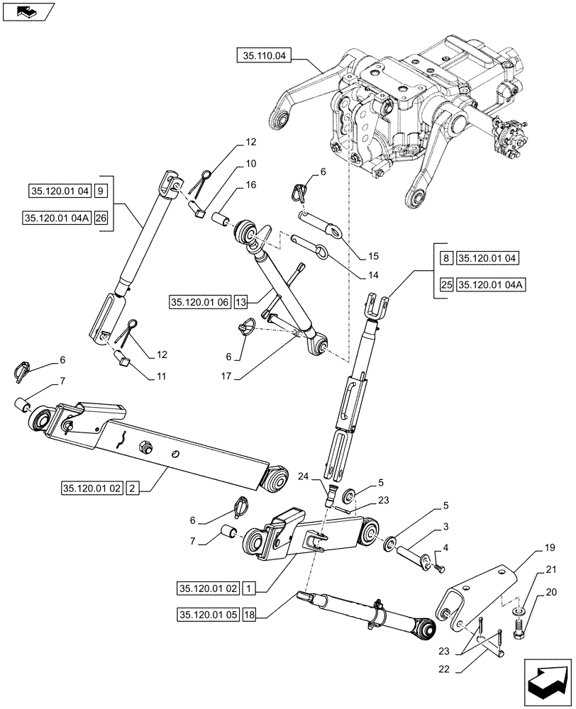 Схема запчастей Case IH FARMALL 75C - (35.120.0102) - FLEXIBLE LINKS WITH TELESCOPIC STABILIZERS - LINK AND ARMS - ISO (VAR.334953 / 743598) (35) - HYDRAULIC SYSTEMS