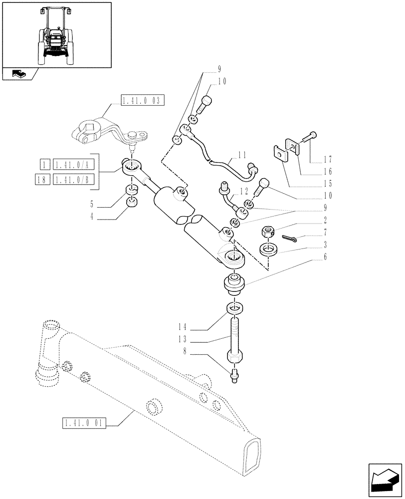 Схема запчастей Case IH FARMALL 105V - (1.41.0[04]) - 2WD FRONT AXLE - HYDRAULIC STEERING CYLINDER (VAR.331581-332581 / 743515) (04) - FRONT AXLE & STEERING