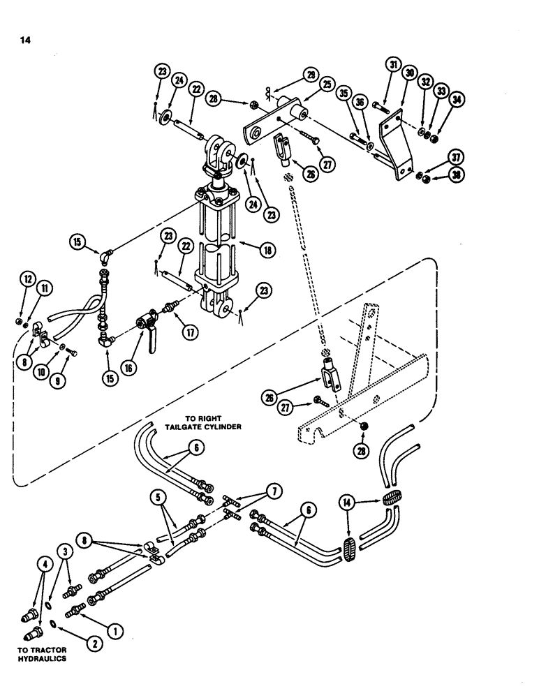 Схема запчастей Case IH 3640 - (14) - TAILGATE HYDRAULICS AND LATCH 