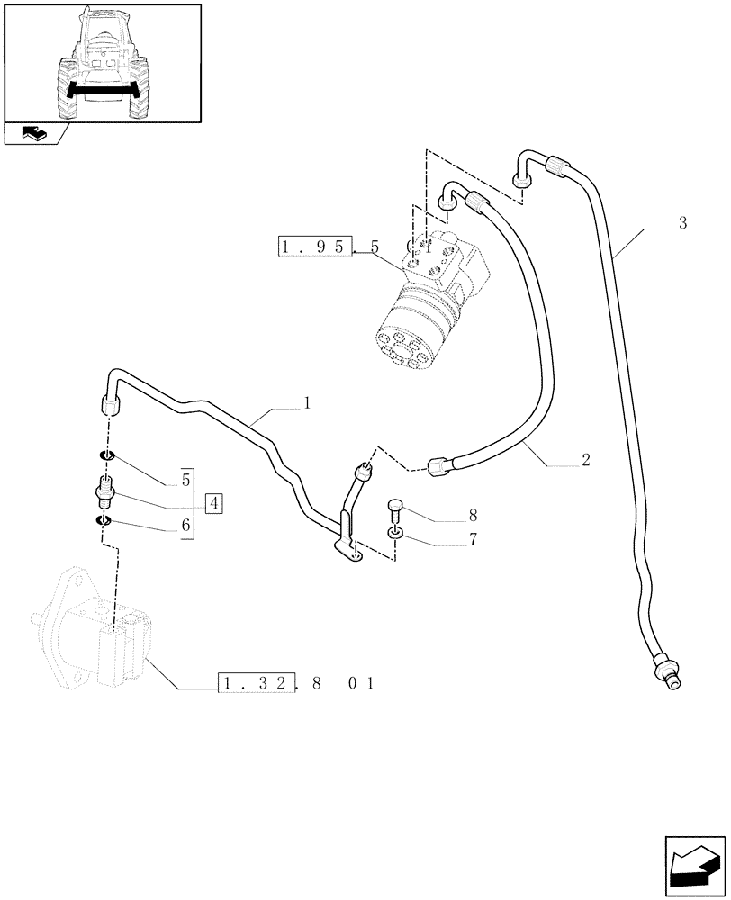 Схема запчастей Case IH PUMA 140 - (1.42.0[03A]) - POWER STEERING DELIVERY AND RETURN PIPES FOR 18X6 TRANSMISSION - D5833 (04) - FRONT AXLE & STEERING