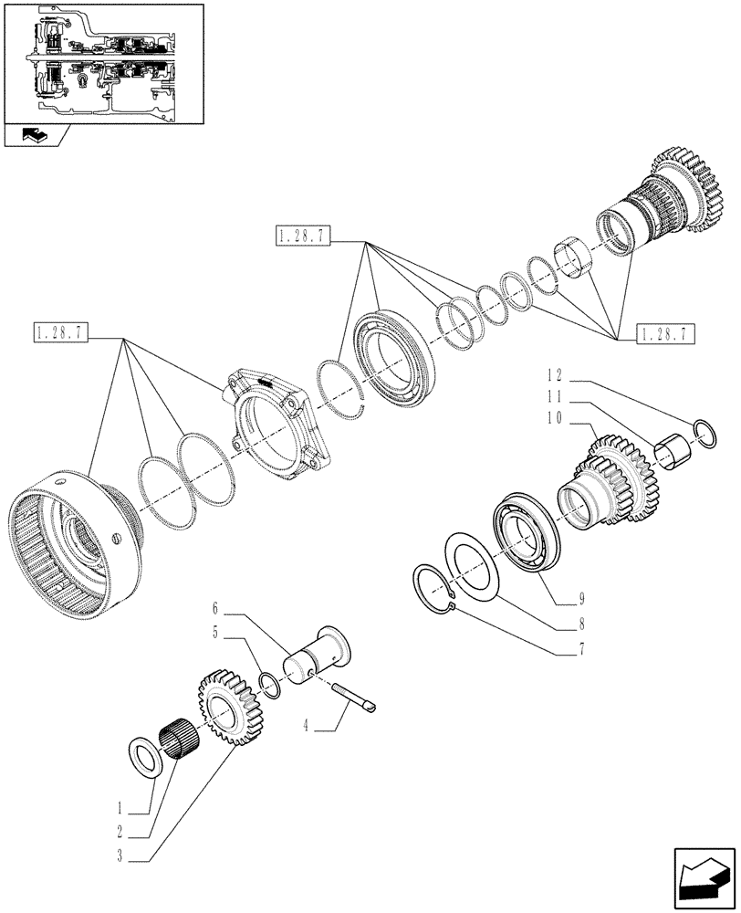 Схема запчастей Case IH FARMALL 90 - (1.28.1/04[01]) - POWER SHUTTLE E SERVO PTO FOR DIFF. LOCK - TRASMISSION GEARS (VAR.330120-331120) (03) - TRANSMISSION