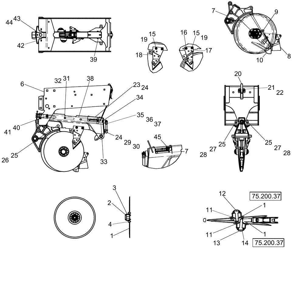 Схема запчастей Case IH 1250 - (75.200.42) - ROW UNIT - LEADING AND TRAILING DISK ASSEMBLY (75) - SOIL PREPARATION