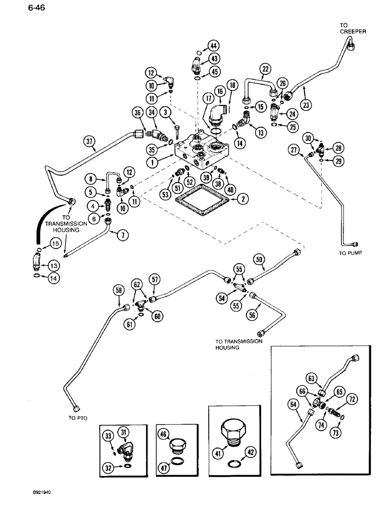 Схема запчастей Case IH 7110 - (6-046) - TRANSMISSION, RANGE HOUSING TUBES AND MANIFOLD, PRIOR TO TRANSMISSION SERIAL NUMBER AJB0055133 (06) - POWER TRAIN