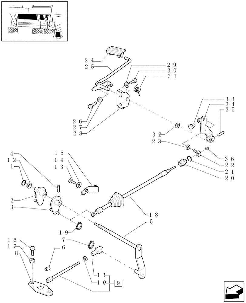 Схема запчастей Case IH JX1100U - (1.10.0[01]) - THROTTLE CONTROL LINKAGE - (L/ CAB) - LEVER, PEDAL, CABLE (02) - ENGINE EQUIPMENT