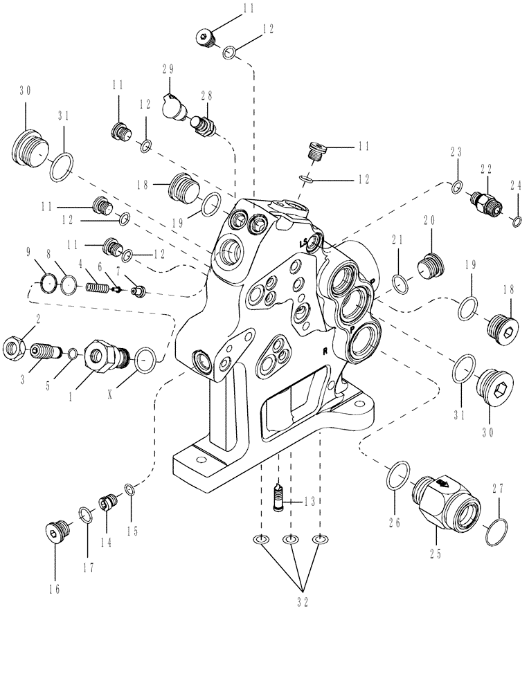 Схема запчастей Case IH MX245 - (08-23) - MANIFOLD VALVE ASSEMBLY, WITH STANDARD AND HIGH FLOW HYDRAULICS (08) - HYDRAULICS