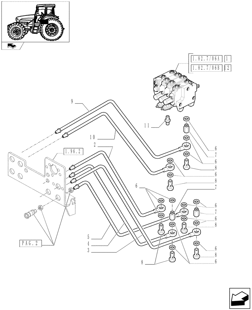 Схема запчастей Case IH FARMALL 105U - (1.82.7/06[01]) - THREE CONTROL VALVES (BOSCH) - PIPES & CONTROL VALVES (VAR.330358) (07) - HYDRAULIC SYSTEM