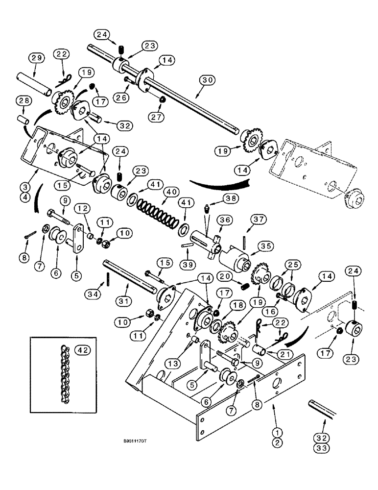 Схема запчастей Case IH 955 - (9B-40) - DRY FERTILIZER DRIVE, UPPER DRIVE AND SUPPORTS, 8 ROW WIDE & 12 ROW NARROW - VERTICAL FOLD (09) - CHASSIS/ATTACHMENTS