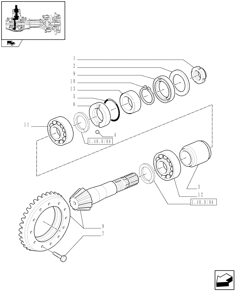 Схема запчастей Case IH FARMALL 90 - (1.40.1/06) - STANDARD FRONT AXLE W/LIMITED SLIP DIFF, W/ FRONT BRAKES - BEVEL GEAR/PINION SET (VAR.335324-336324-743907-743552) (04) - FRONT AXLE & STEERING