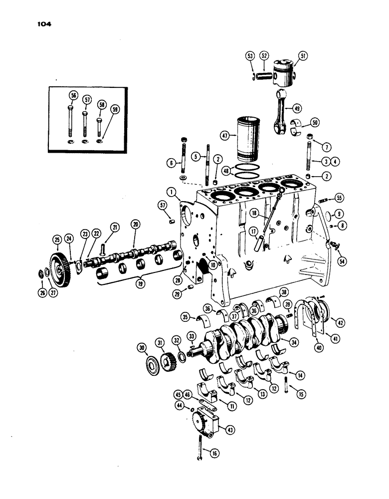 Схема запчастей Case IH 530 - (104) - SHORT BLOCK ASSEMBLY, A40592, PRIOR TO S/N 8262800, 430 AND530 MODELS, 188 DIESEL ENGINE (02) - ENGINE