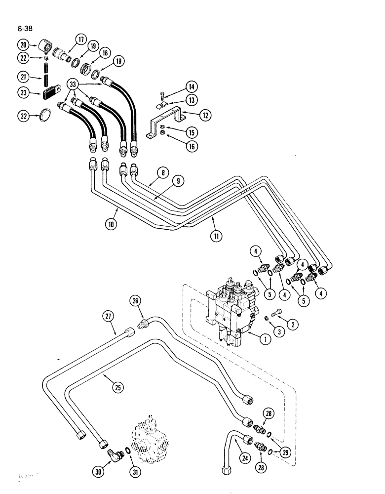 Схема запчастей Case IH 1896 - (8-38) - REMOTE VALVE, HOSES AND COUPLINGS, TWO CIRCUIT SYSTEM (08) - HYDRAULICS