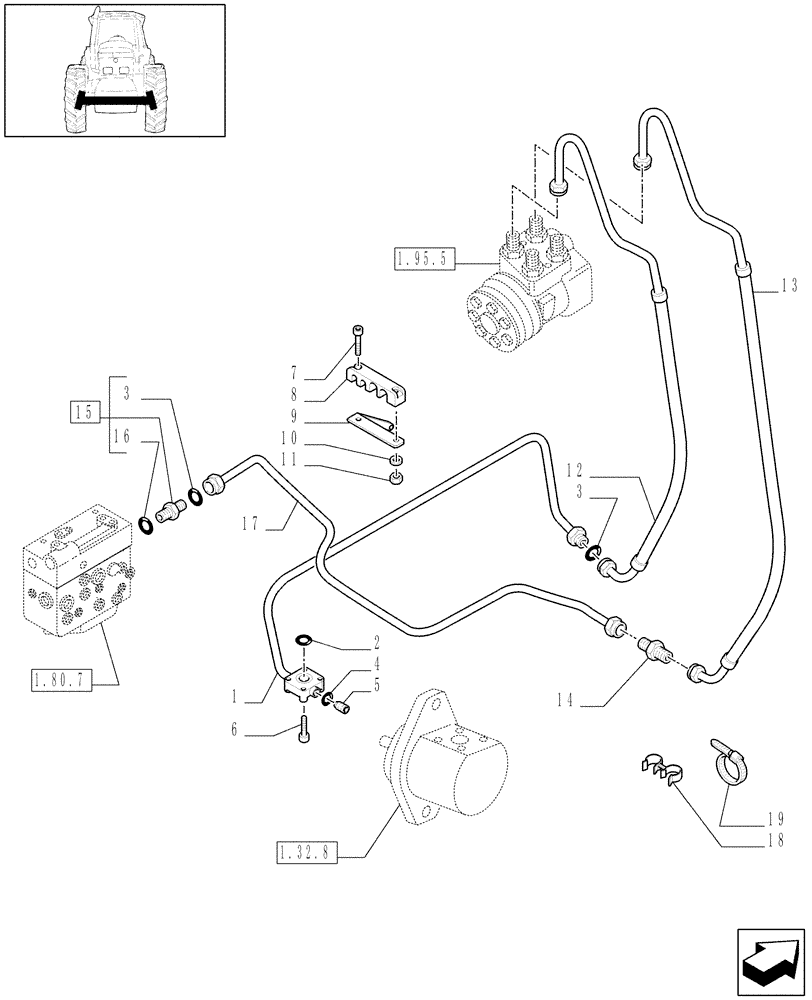 Схема запчастей Case IH MAXXUM 110 - (1.42.0[03]) - POWER STEERING DELIVERY AND RETURN PIPES FOR 12X12 TRANSMISSION - C6533 (04) - FRONT AXLE & STEERING