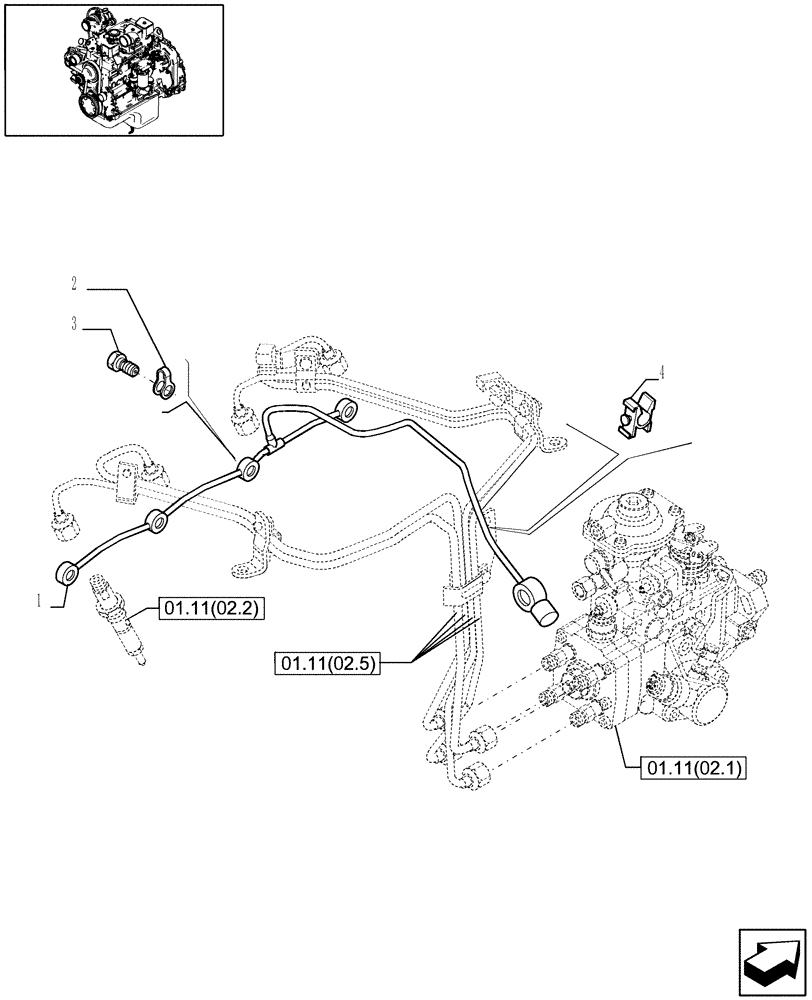 Схема запчастей Case IH WDX1002S - (01.11[02.9]) - INJECTION EQUIPMENT - PIPING (01) - ENGINE