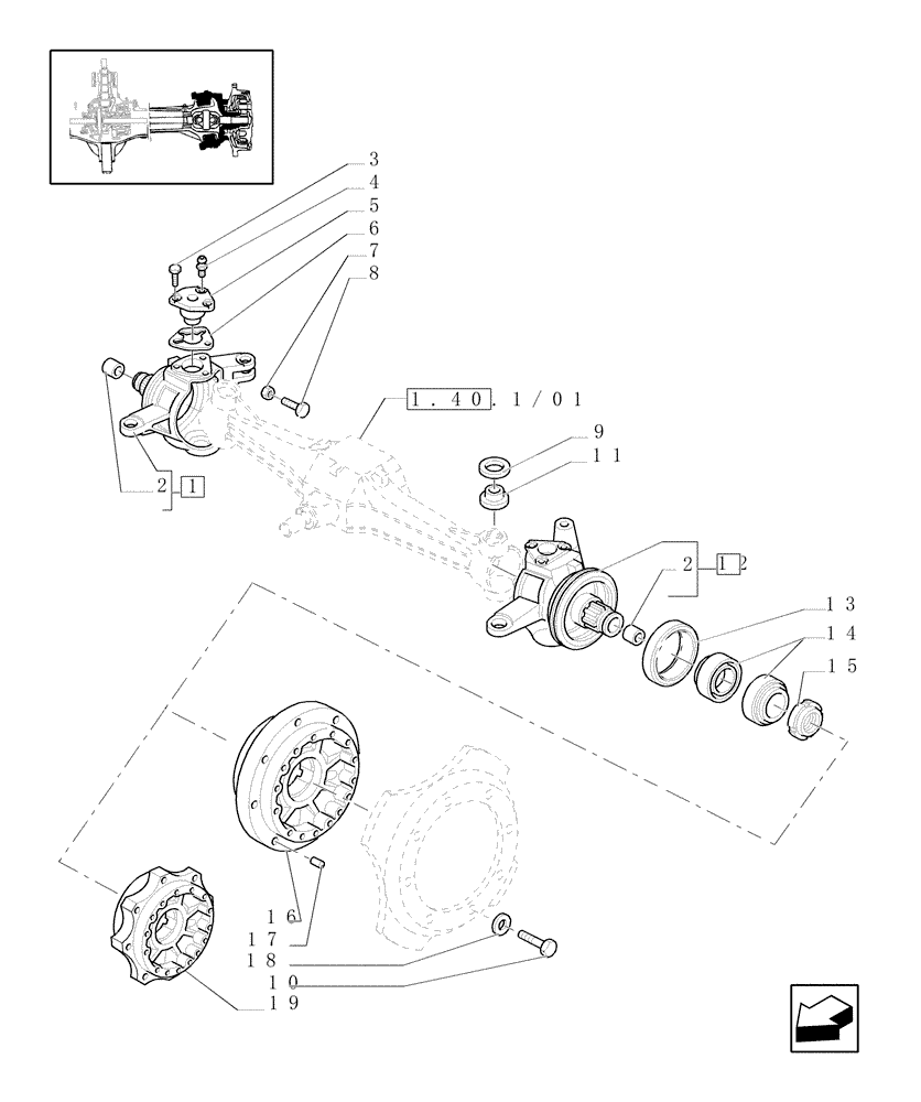 Схема запчастей Case IH JX1080U - (1.40. 1/02) - (VAR.039) STANDARD - FRONT AXLE - STEERING KNUCKLES-HUBS-4WD (04) - FRONT AXLE & STEERING