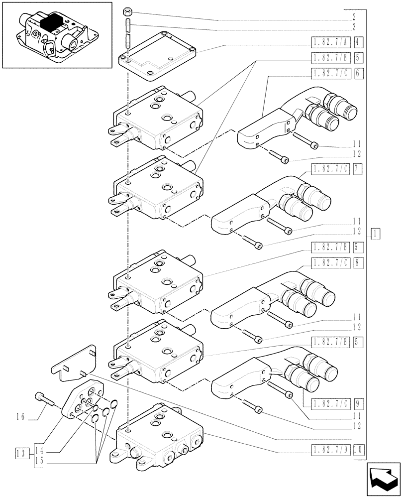 Схема запчастей Case IH MXU110 - (1.82.7/02[02]) - (VAR.252) 4 CONTROL VALVES AND RELEVANT PARTS (07) - HYDRAULIC SYSTEM