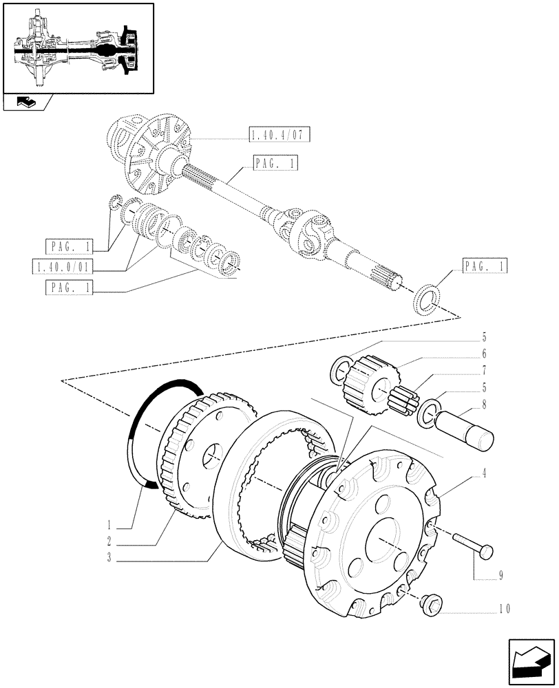 Схема запчастей Case IH FARMALL 65C - (1.40.4/10[02]) - FRONT AXLE WITH ELECTROHYDR. DIFF. LOCK (30 KM/H) - EPICYCLIC REDUCTION GEAR (VAR.335323) (04) - FRONT AXLE & STEERING