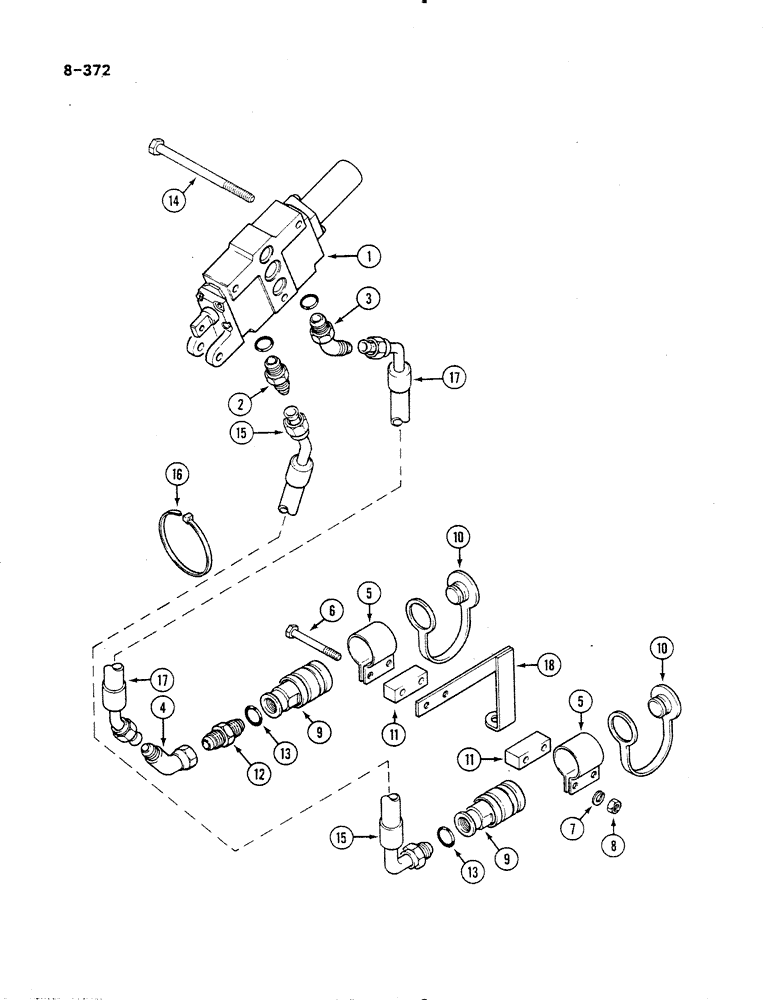 Схема запчастей Case IH 485 - (8-372) - AUXILIARY VALVES, COUPLINGS AND PIPES, WITHOUT CAB, 3RD BANK, P.I.N. 18001 AND AFTER (08) - HYDRAULICS
