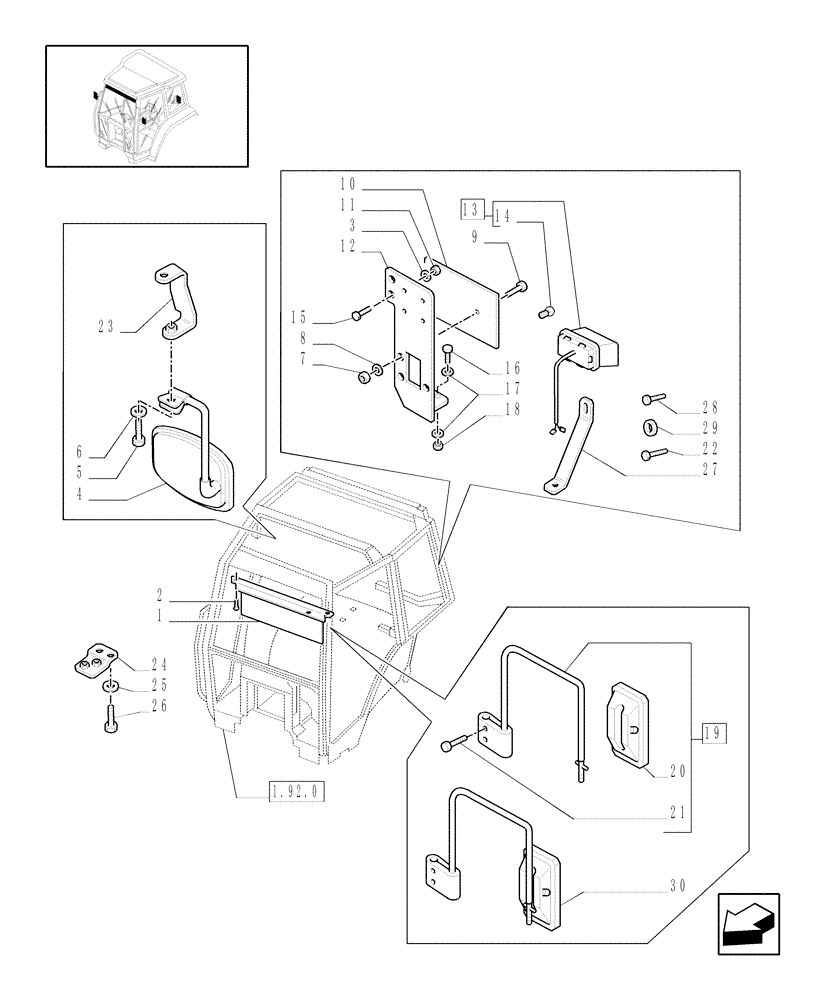 Схема запчастей Case IH JX100U - (1.93.6) - CAB - REARVIEW MIRROR - SUN CURTAIN - LICENSE PLATE SUPPORT (10) - OPERATORS PLATFORM/CAB