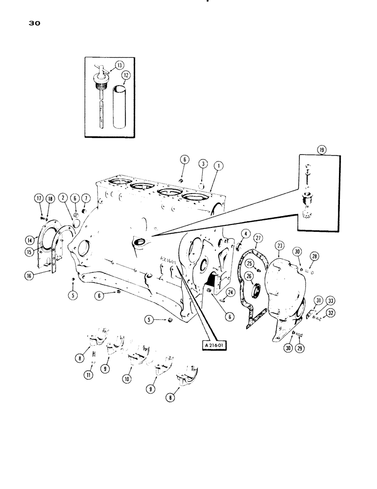 Схема запчастей Case IH 730 SERIES - (030) - CYLINDER BLOCK ASSEMBLY, MODEL 730, 267 DIESEL ENGINE, CASTING NO. A21601 (02) - ENGINE