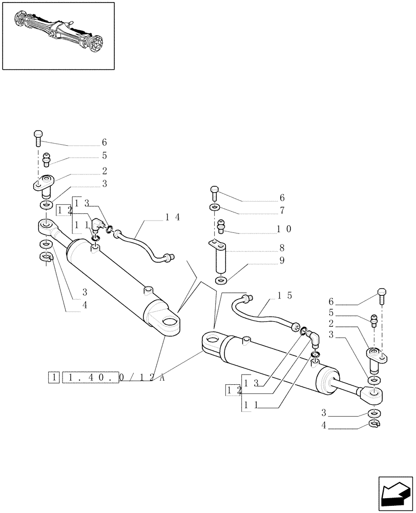 Схема запчастей Case IH PUMA 165 - (1.40.0/12) - 4WD FRONT AXLE - HYDRAULIC STEERING CYLINDER (04) - FRONT AXLE & STEERING