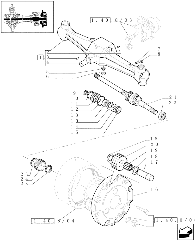 Схема запчастей Case IH JX1080U - (1.40. 8/01[01]) - (VAR.415) FRONT AXLE CL. 2/BRAKE, FRONT MUDGARD HYDR. DIFF. LOCK. HYDR. TRANSM. - FRONT AXLE - C4998 (04) - FRONT AXLE & STEERING