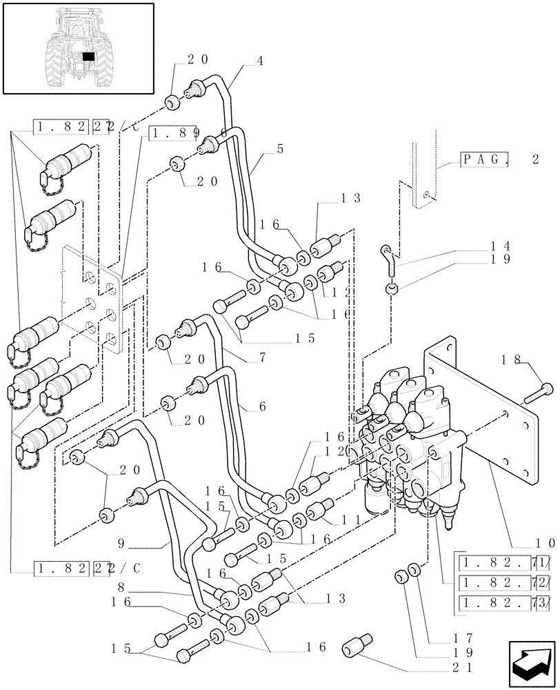 Схема запчастей Case IH JX70 - (1.82.7/02[01]) - (VAR.054-085-103) 3 CONTROL VALVES (07) - HYDRAULIC SYSTEM