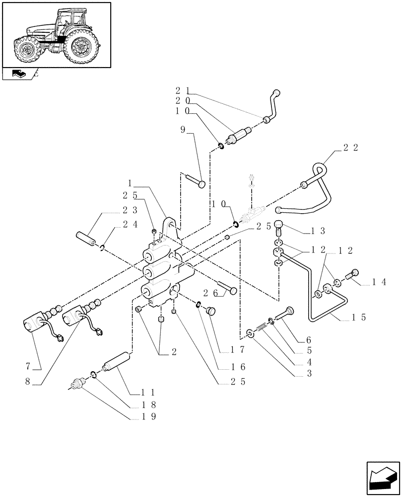 Схема запчастей Case IH FARMALL 95U - (1.33.2[01]) - IDLER CONTROLS - PIPES & SOLENOID VALVES (04) - FRONT AXLE & STEERING