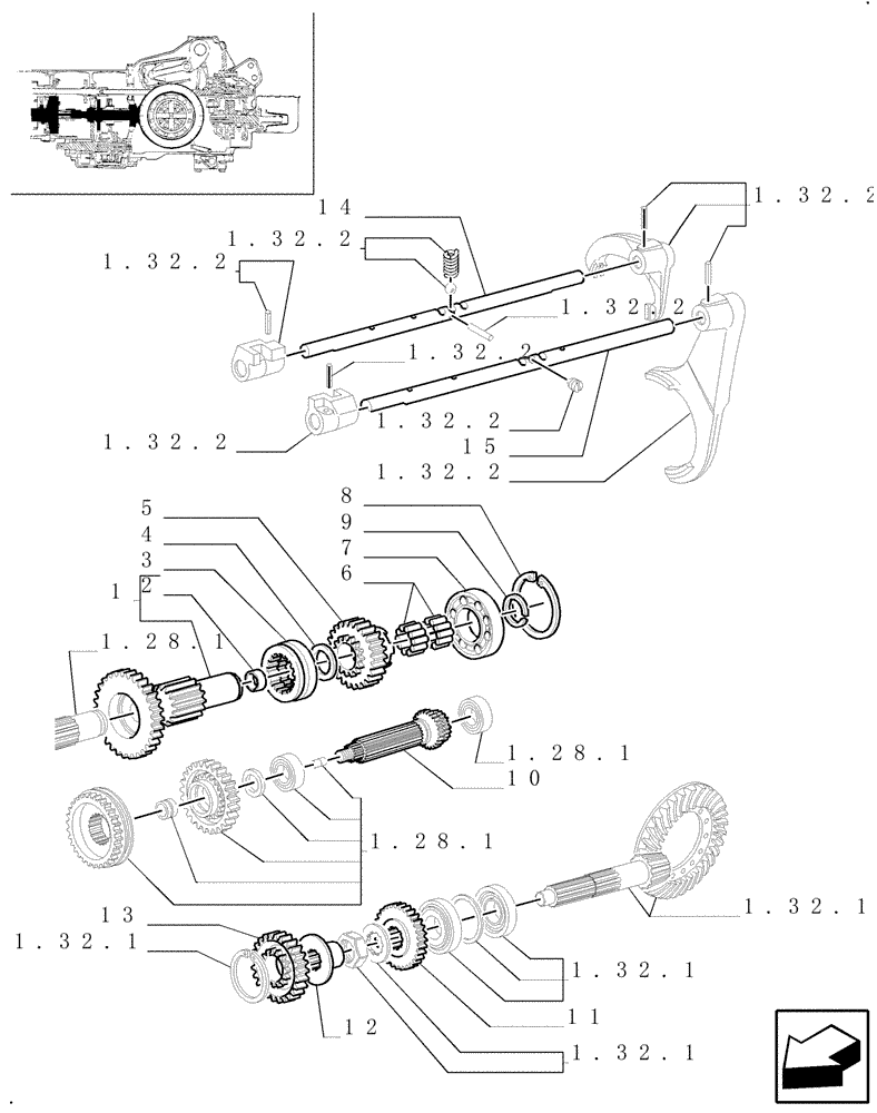 Схема запчастей Case IH JX80U - (1.28.1/01[03]) - (VAR.109-110) SYNCHRONIZED MECHANICAL REVERSER UNIT - 4WD - SHAFTS AND GEARS (03) - TRANSMISSION