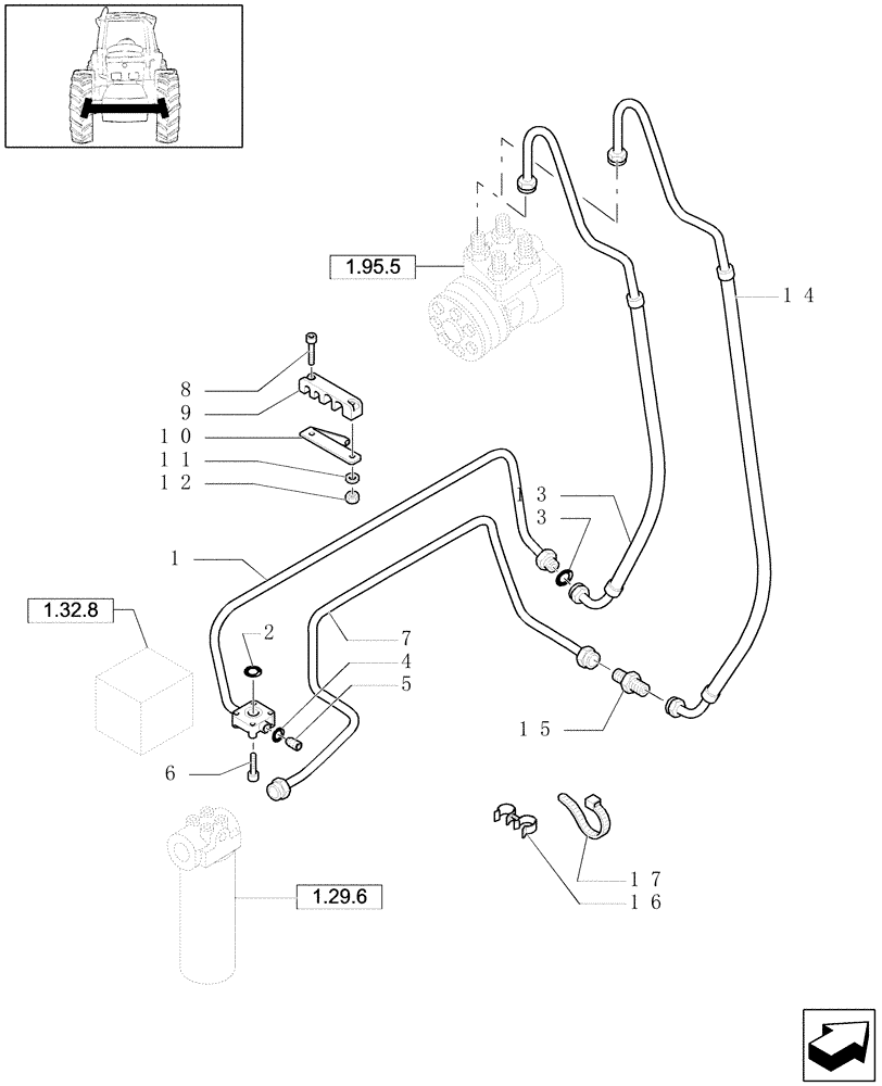 Схема запчастей Case IH MXU130 - (1.42.0[04]) - POWER STEERING DELIVERY AND RETURN PIPES (04) - FRONT AXLE & STEERING