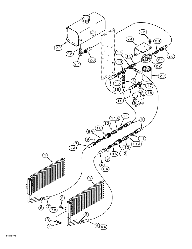 Схема запчастей Case IH 955 - (8-17C) - BLOWER PUMP HYDRAULIC SYSTEM, RETURN LINES FROM COOLER & FLOW CONTROL VALVE TO FILTER & RESERVOIR (08) - HYDRAULICS