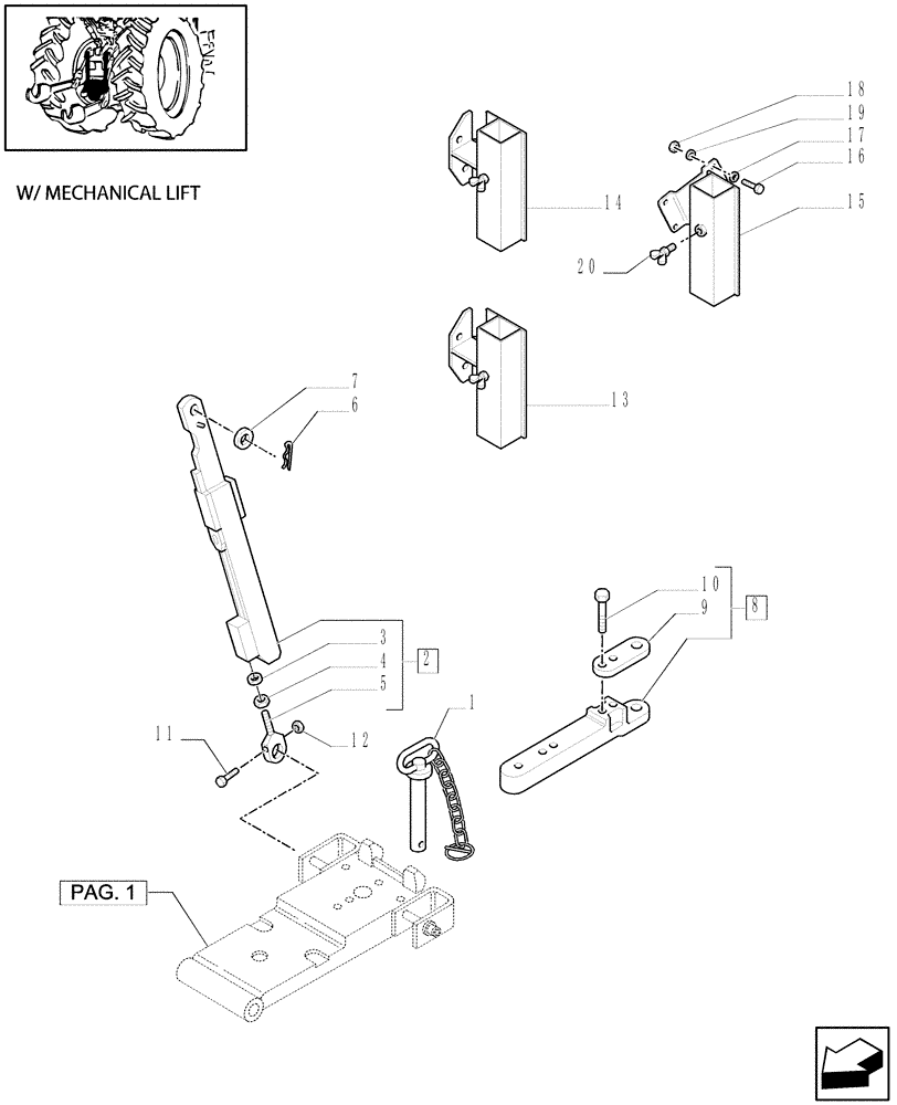 Схема запчастей Case IH MXU110 - (1.89.3/01[02]) - (VAR.928/1) AUTOMATIC HITCH - (WITH 2 ADDITIONAL JACKS) - TIE ROD AND TOW-BAR (09) - IMPLEMENT LIFT