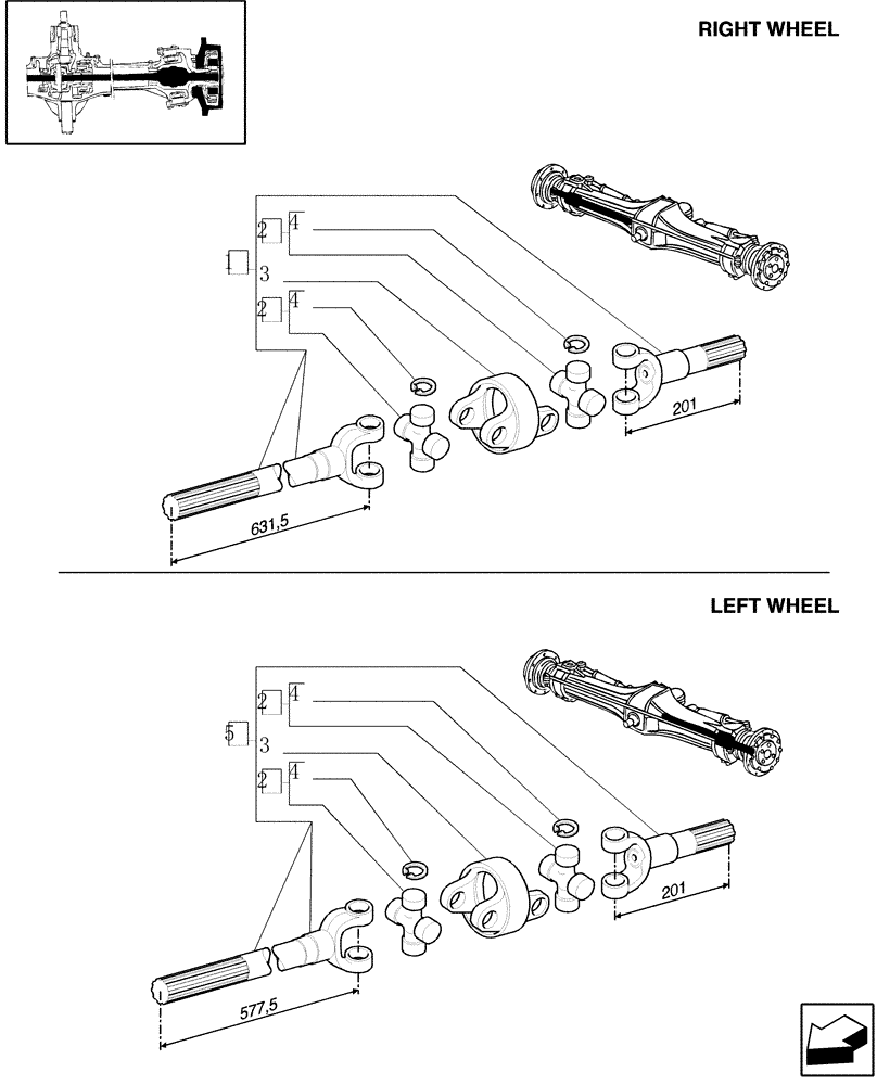 Схема запчастей Case IH JX80U - (1.40.0/107[01]) - (VAR.327/1) ELECTROHYD. FRONT DIFFENTIAL LOCK, BRAKES AND MUDGUARDS - HALF SHAFTS (04) - FRONT AXLE & STEERING