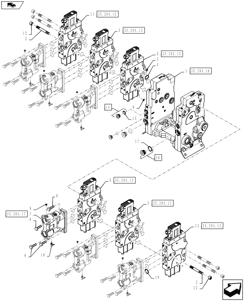 Схема запчастей Case IH QUADTRAC 500 - (35.204.07) - AUXILIARY VALVE STACK - 6 SPOOL (35) - HYDRAULIC SYSTEMS