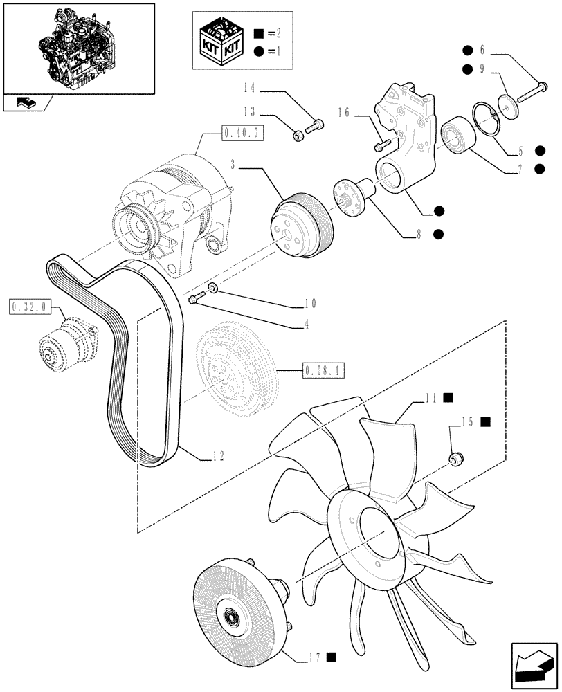 Схема запчастей Case IH FARMALL 105U - (0.34.5/01) - ENGINE WITH VISCOSTATIC FAN - FAN DRIVE (VAR.330174) (01) - ENGINE