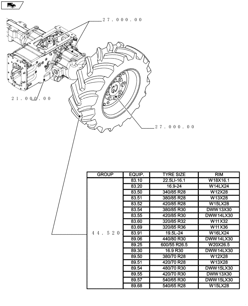 Схема запчастей Case IH FARMALL 75C - (44.000.00[02]) - PICTORIAL INDEX - AXLE AND WHEELS - REAR (44) - WHEELS