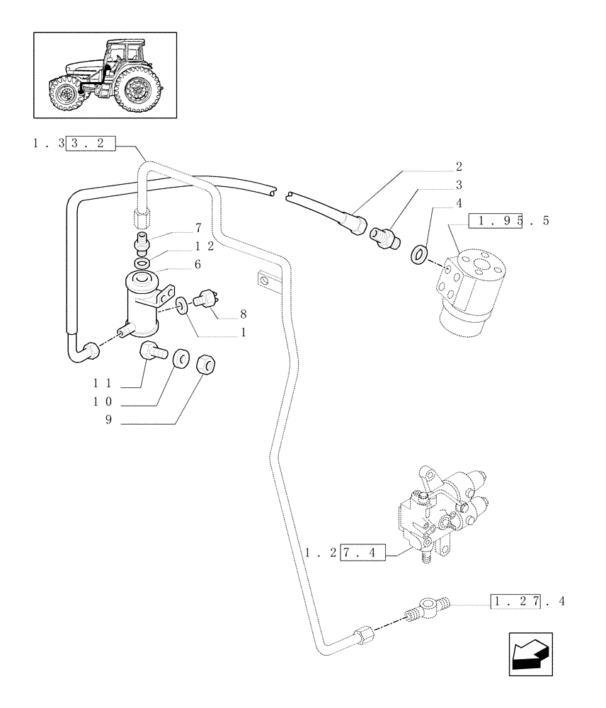 Схема запчастей Case IH JX90U - (1.42.0/05[01]) - (VAR.296) (HI-LO) AND SYNCHR. REV. GEAR - 30 KM/H WITH DIFF. HYDR.LOCKING - POWER STEERING TANK (04) - FRONT AXLE & STEERING