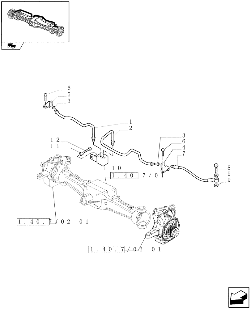 Схема запчастей Case IH PUMA 140 - (1.40.7/14[02]) - (CL.4) SUSPENDED FRONT AXLE W/MULTI-PLATE DIFF. LOCK, ST. SENSOR AND BRAKES - BRAKES PIPES (VAR.330430) (04) - FRONT AXLE & STEERING