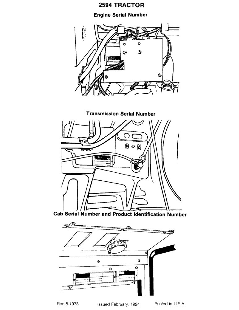 Схема запчастей Case IH 2594 - (1-02) - ENGINE SERIAL NO., TRANSMISSION SERIAL NO., CAB SERIAL NO., AND P.I.N. (00) - PICTORIAL INDEX