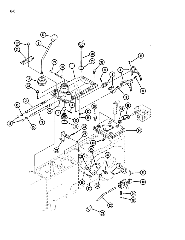 Схема запчастей Case IH 245 - (6-08) - GEAR SHIFT LINKAGE AND MECHANISM, RANGE SHIFT LINKAGE, SYNCHROMESH TRANSMISSION (06) - POWER TRAIN