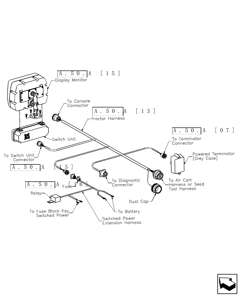 Схема запчастей Case IH ADX3430 - (A.50[02]) - LAYOUT - DISPLAY MONITOR, SWITCH UNIT AND TRACTOR HARNESS A - Distribution Systems