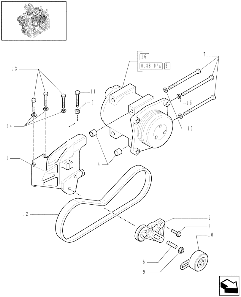 Схема запчастей Case IH MAXXUM 110 - (0.88.0/01) - AIR CONDITIONING - COMPRESSOR (STD + VAR.330641-330643-330003-332115-332116) (01) - ENGINE