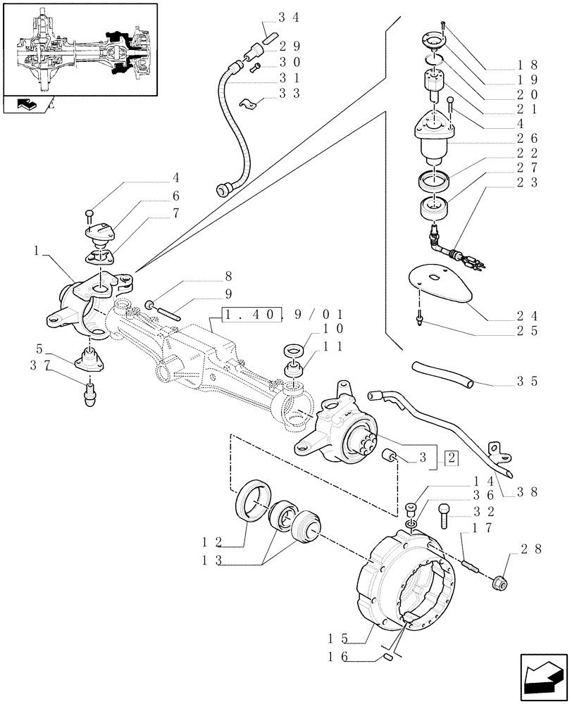 Схема запчастей Case IH PUMA 125 - (1.40. 9/02[01A]) - (CL.3) SUSPENDED FRONT AXLE WITH HYDR. DIFF. LOCK, ST. SENSOR AND BRAKES -STEER. AXLES-HUBS - D6449 (VAR.330427) (04) - FRONT AXLE & STEERING