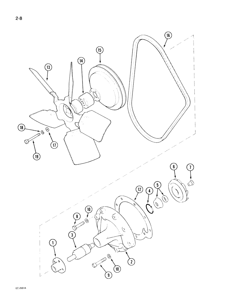 Схема запчастей Case IH 395 - (2-008) - WATER PUMP AND FAN (02) - ENGINE